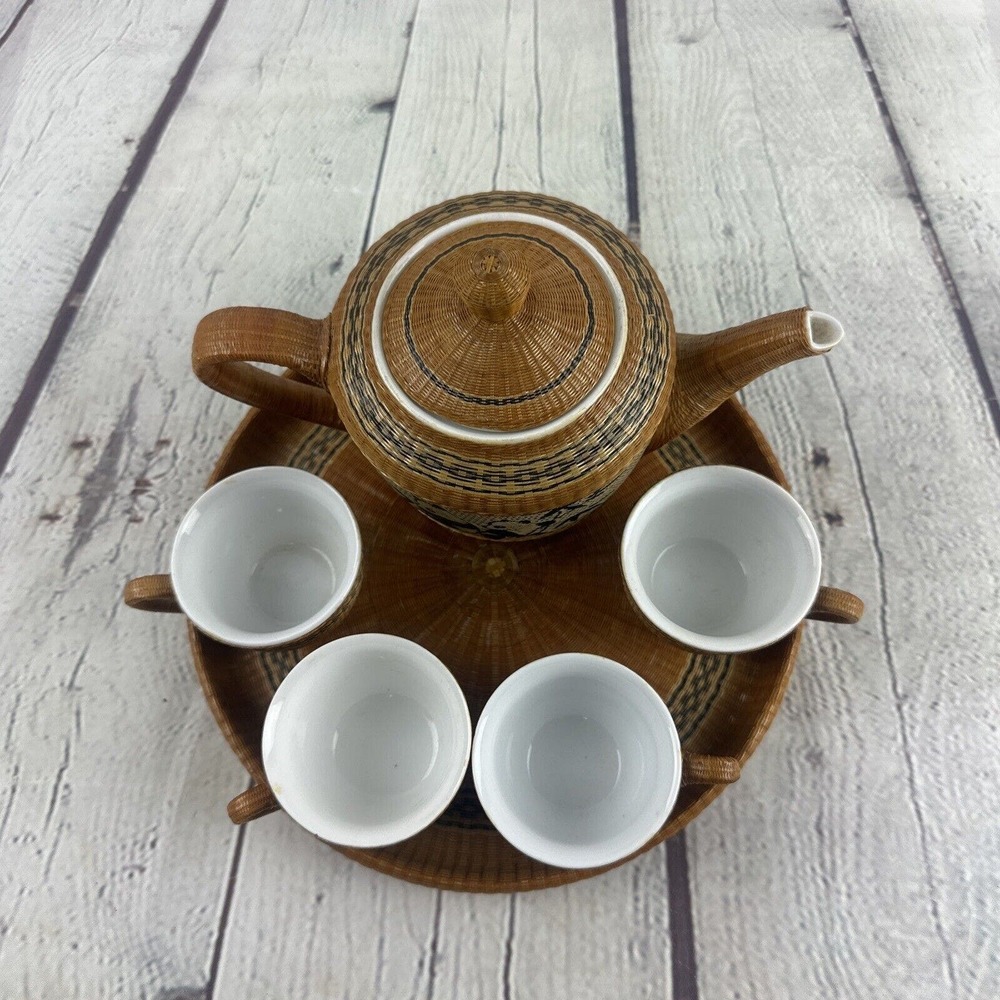 RARE!‎ VINTAGE QING DYNASTY BAMBOO WEAVE OVER PORCELAIN PANDA TEA SET EXCELLENT! - Picture 2 of 13